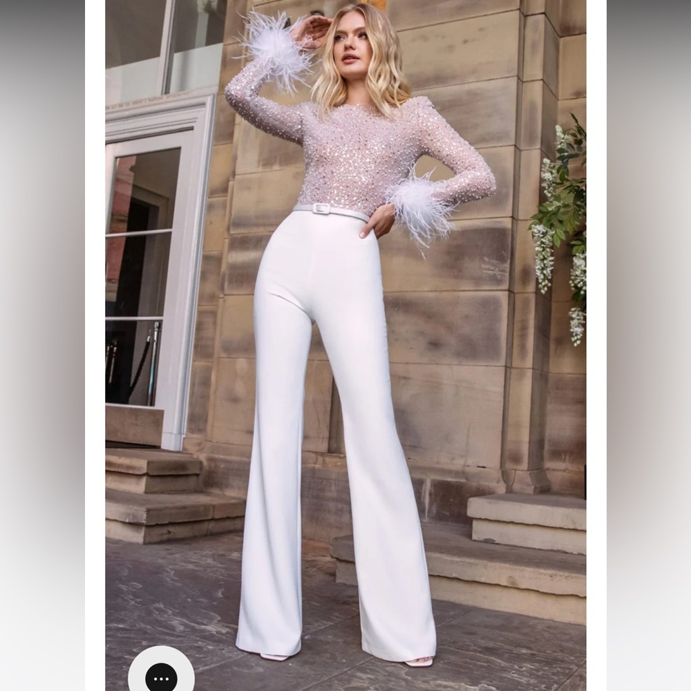 NADINE MERABI Pink Sequin Feather Sleeve Jumpsuit with White Pants